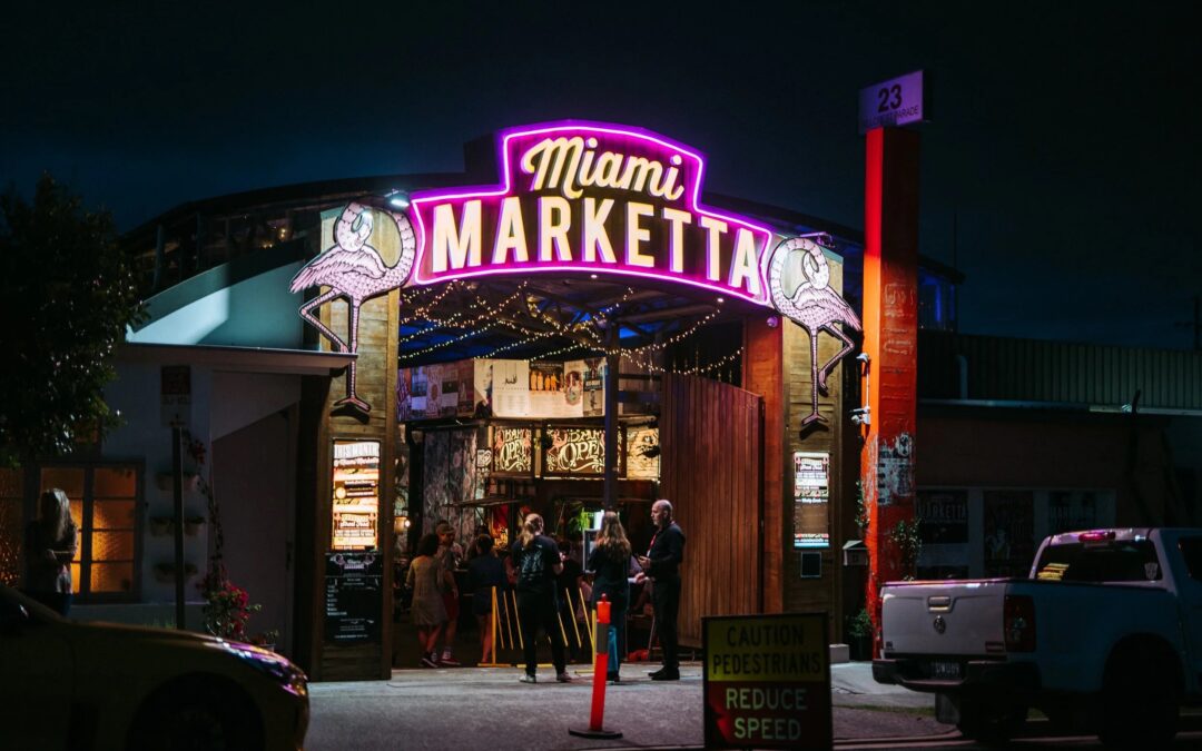 Miami Marketta neon entrance, an undercover street food market near Burleigh Heads